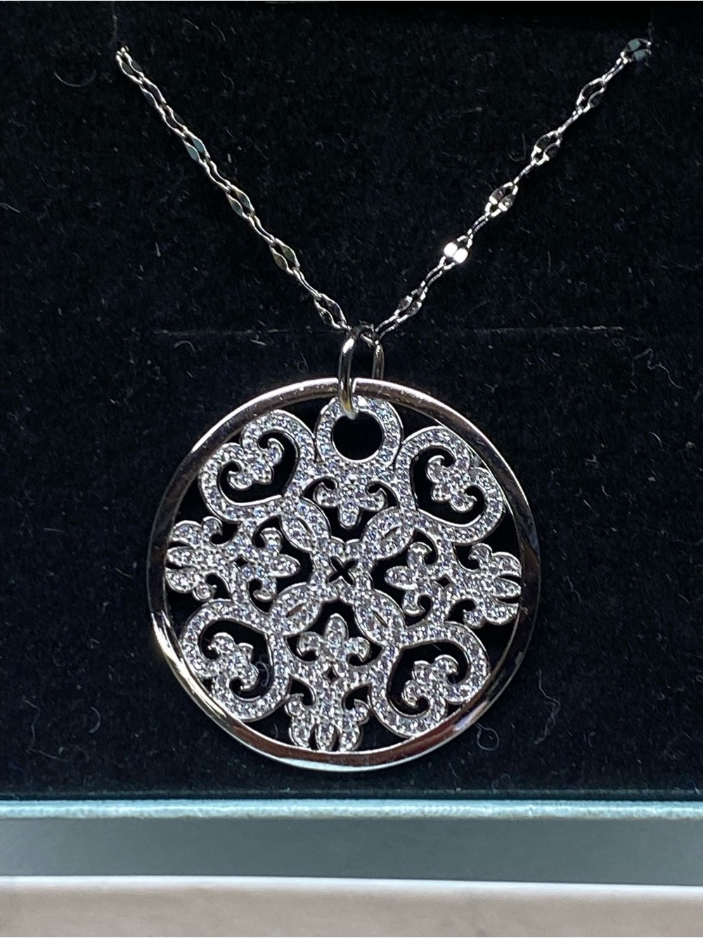 Sterling Silver Filigree Round Pendant Necklace with Pavé Accents